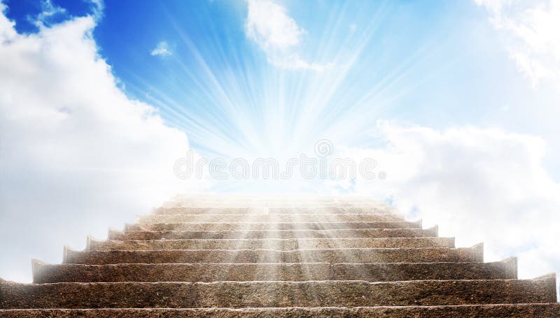 A stone stair in the way up to blue sky, there is a strong light in the end of the way