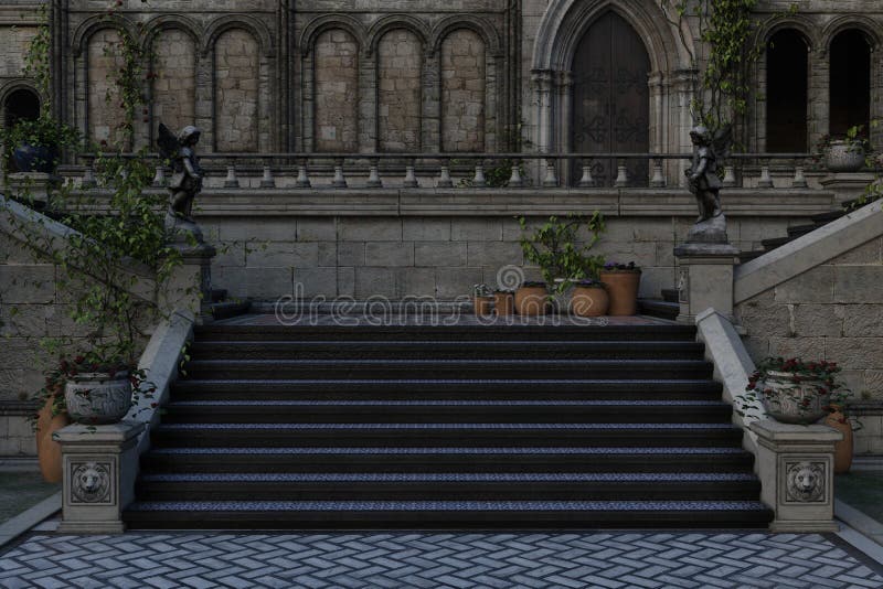 Stone staircase in the courtyard of an old mansion house or palace. 3D illustration vector illustration