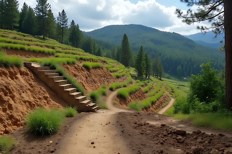 A stone staircase leads up a terraced hillside, offering a scenic view of a forested mountain stock illustration