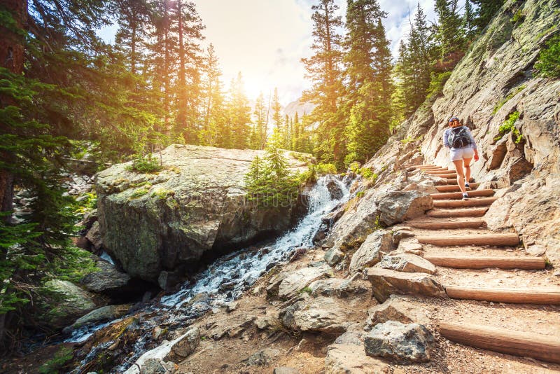 Stone stairs along mountain river on tourist route