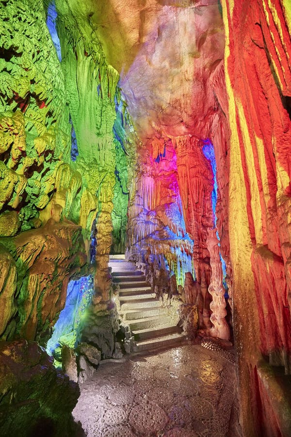 Stone stairs in Reed Flute Cave in Guilin, China.