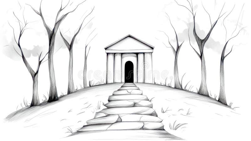 Stone stairway leading to ancient library in minimalist line art illustration royalty free stock photo