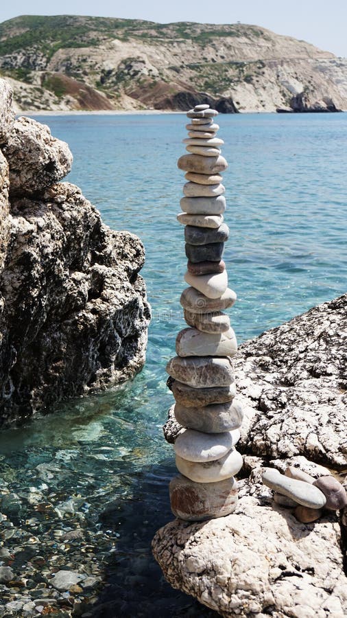 Stone Tower of Stones on the Beach in Cyprus Stock Image Image of