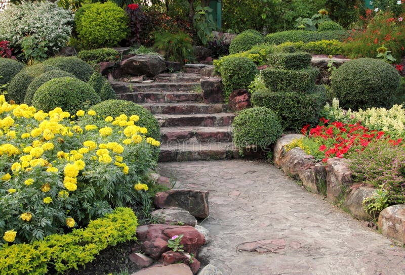 Stone walkway in flower garden