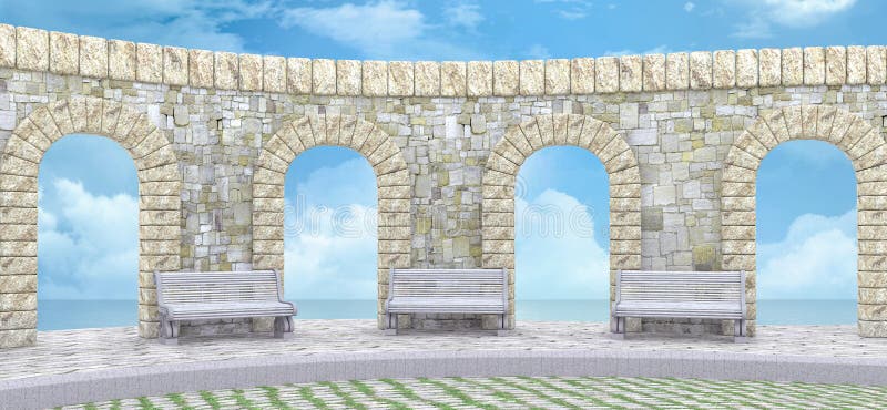 Stone wall with arches and benches by the ocean