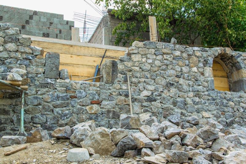 Stone wall during construction