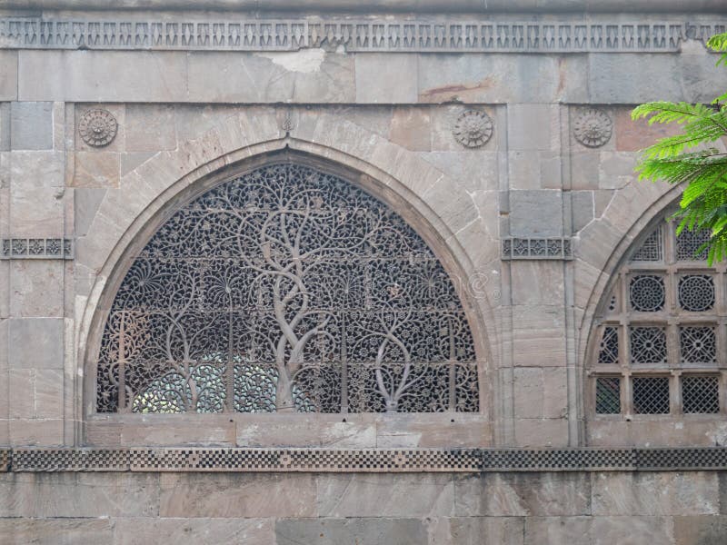 AHMEDABAD, INDIA - OCTOBER 29, 2016: One of the renowned twin Jalis, or stone window latticeworks, depicting the tree of life`s intertwining branches in the Siddi Sayeed mosque. Hand carved in 1572, there are wooden replicas of the carvings in New York & London.