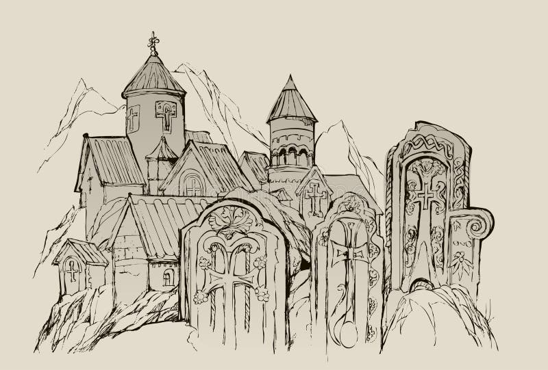 Stones of Armenia. Sketch of ancient church and old Armenian khachkar crosses. Drawing from nature in vicinity lake Sevan. Hand