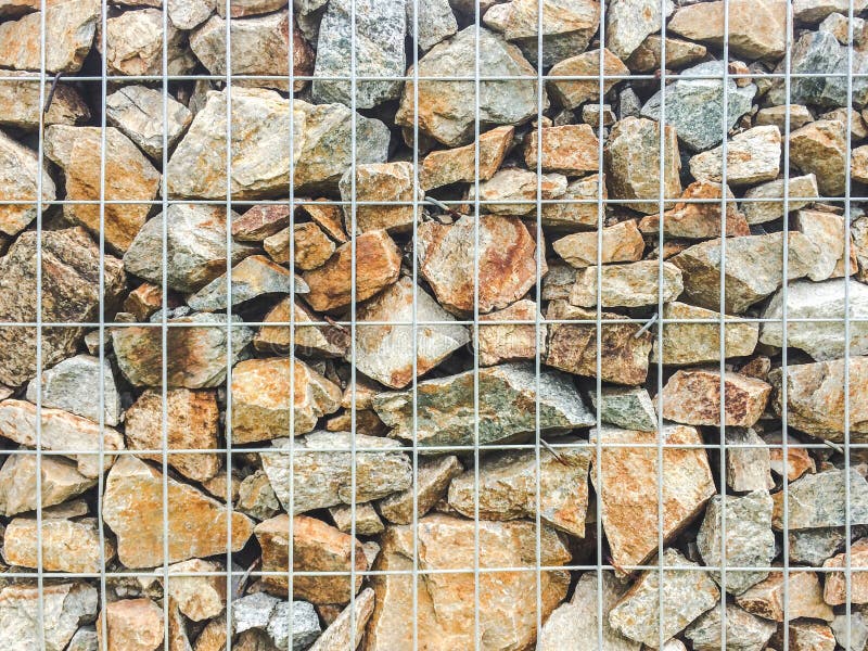Stones in metal wire cage,Stone gabion wall
