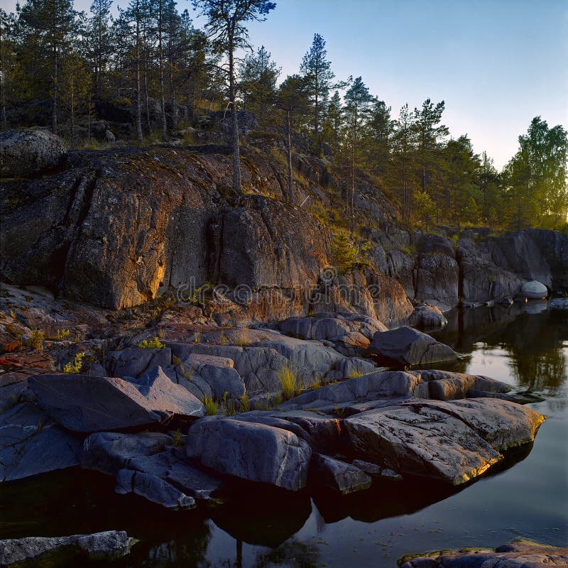 Stony Shore of Ladoga Lake at Sunset Stock Photo Image of nature