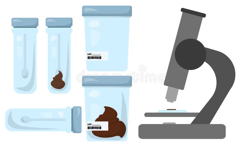 Stool analysis and microscope, containers and equipment for laboratory research stock illustration