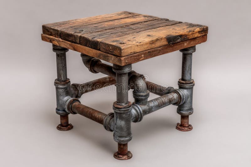 Stool showing a blend of rustic reclaimed wood and industrial metal pipe construction royalty free stock photography