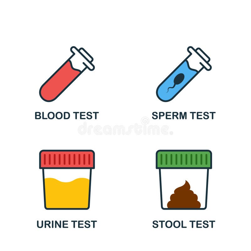 Stool, Urine, Sperm, Blood Test Set Flat Icon. Medical Exam of Blood, Feces, Semen, Urine Icon. Sample for Laboratory royalty free illustration