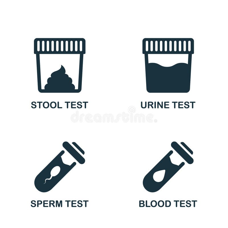 Stool, Urine, Sperm, Blood Test Set Silhouette Icon. Sample for Laboratory Research Pictogram. Medical Exam of Blood stock illustration