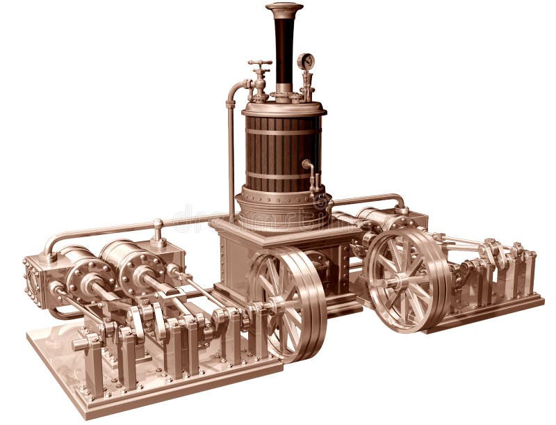 Stoommotor en boiler met vier cilinders