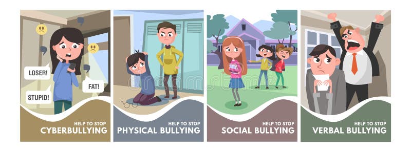 Stop Bullying Posters Set. Bullying Types Concepts in Cartoon Style Verbal, Social, Physical, Cyberbullying Stock Vector - Illustration of kids, people: 152839595 Stop Bullying Posters Set. Bullying Types Concepts in Cartoon Style Verbal, Social, Physical, Cyberbullying Stock Vector - Illustration of kids, people: 152839595