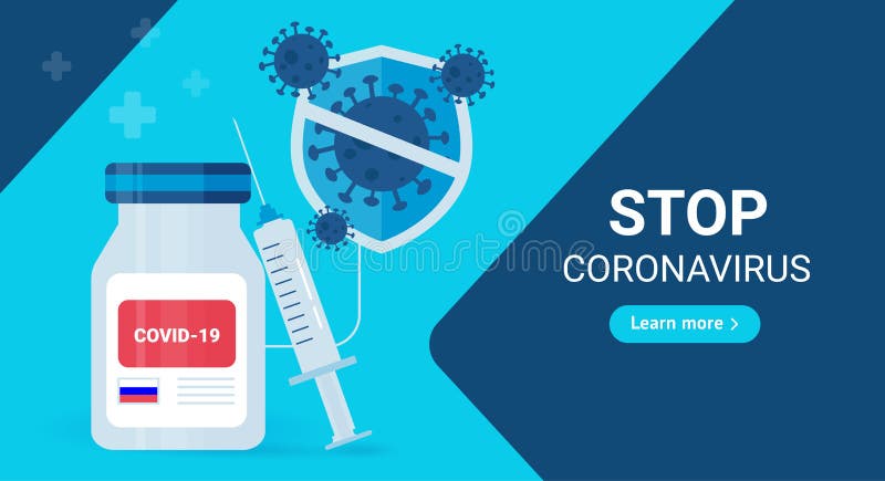 Stop coronavirus. Web-banner template of the Russian sign covid - 19 vaccine with a syringe. On a blue background