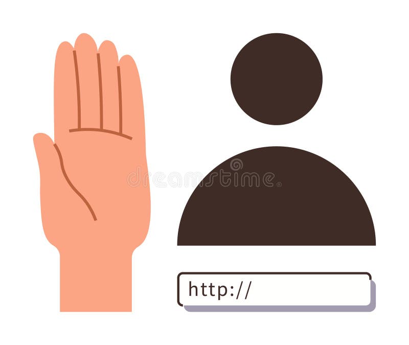 Raised hand next to user profile and web address bar indicating online privacy, security awareness, data protection, consent, safe browsing, user control, and warning. Ideal for digital safety. User consent vectors