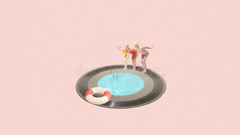 Stop motion. Animation. Three girls preparing to jump into vinyl record swimming pool isolated on peach background stock video