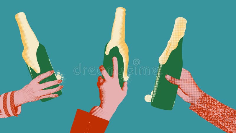 Stop motion, animation. Three hands clinking green beer bottles with frothy white foam spilling over against a teal stock video