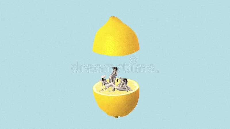 Stop motion. Animation. Three stylish women chilling on lemon beach isolated over blue background stock video footage