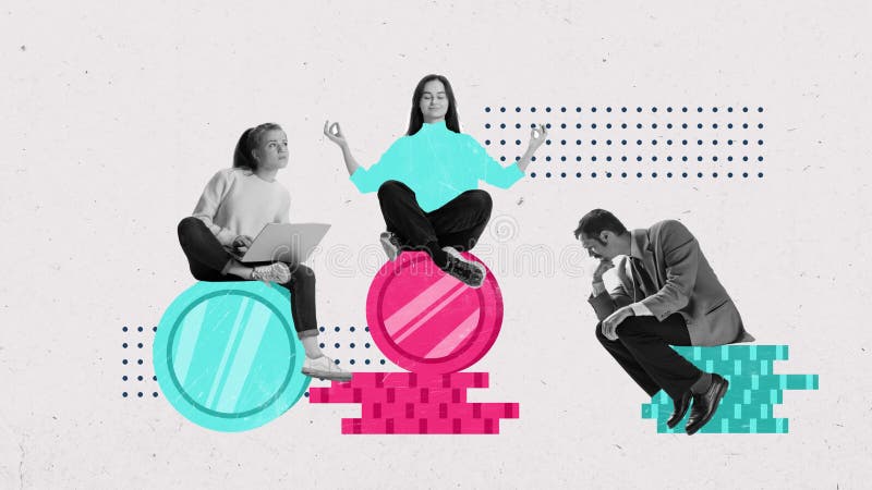 Stop motion. Creative animation. Three people sitting on stack of coins and thinking, working and meditating stock video