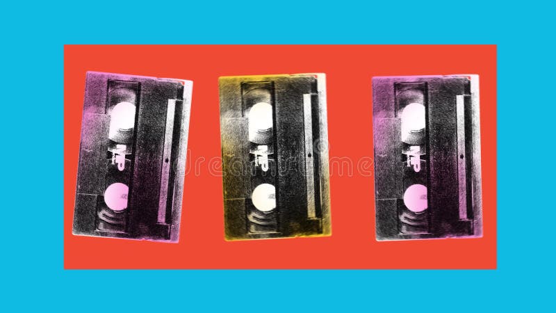 Stop motion. Modern creative animation. Three vintage cassettes in modern old paper style, filter isolated blue orange stock footage