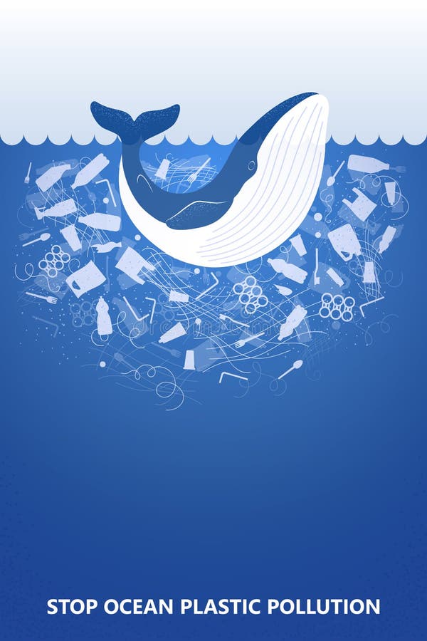 Stop Ocean Plastic Pollution. Ecological Poster Whale in Water with ...