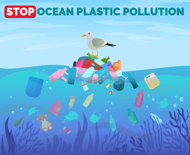 Stop ocean plastic pollution poster with pile of garbage in water vector illustration