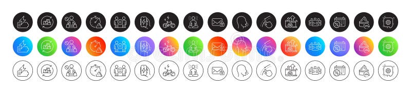 Stop shopping, Attention and Charging app line icons. For web app, printing. Round icon buttons. Vector stock illustration