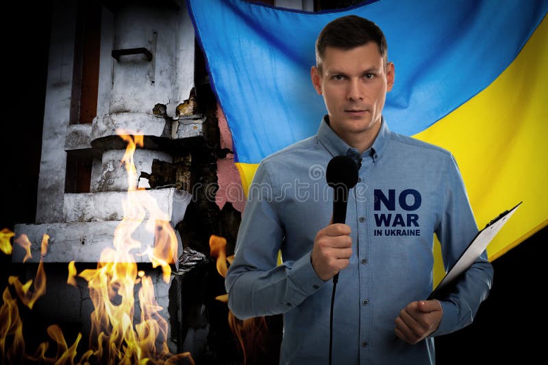 Stop war in Ukraine. Journalist against Ukrainian flag and destroyed building