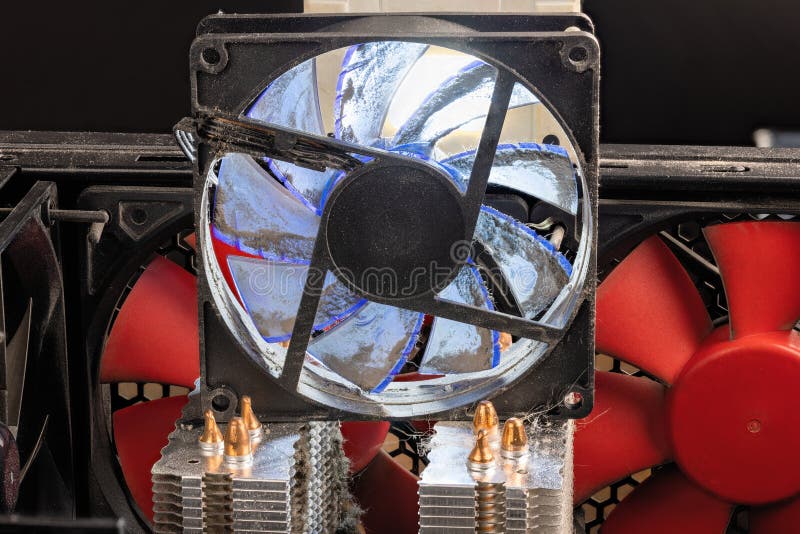 Stopped 90 mm pc fan close-up with thick layer of dust royalty free stock photos