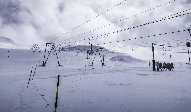 Stopped ski lift due to snow storm. royalty free stock photography Stopped ski lift due to snow storm. royalty free stock photography