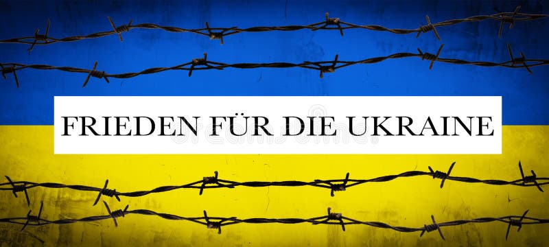 Stoppkrieg in ukrainischem Hintergrund abstrakte patriotische gelb-blau gestrichene Betonwand mit Stacheldraht