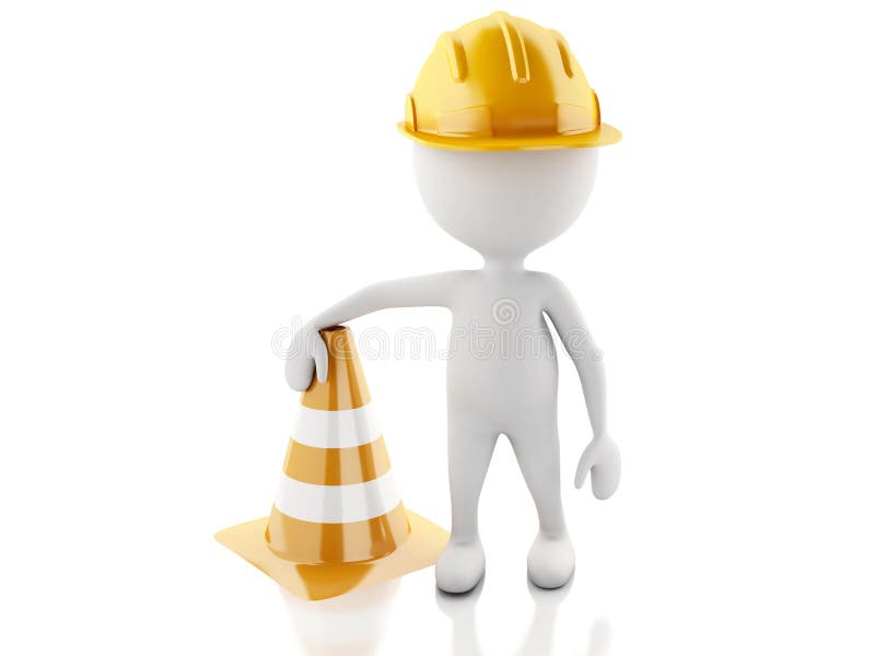 Stoppschild der weißen Leute 3d mit Sturzhelm- und Verkehrskegeln lizenzfreie abbildung Stoppschild der weißen Leute 3d mit Sturzhelm- und Verkehrskegeln lizenzfreie abbildung