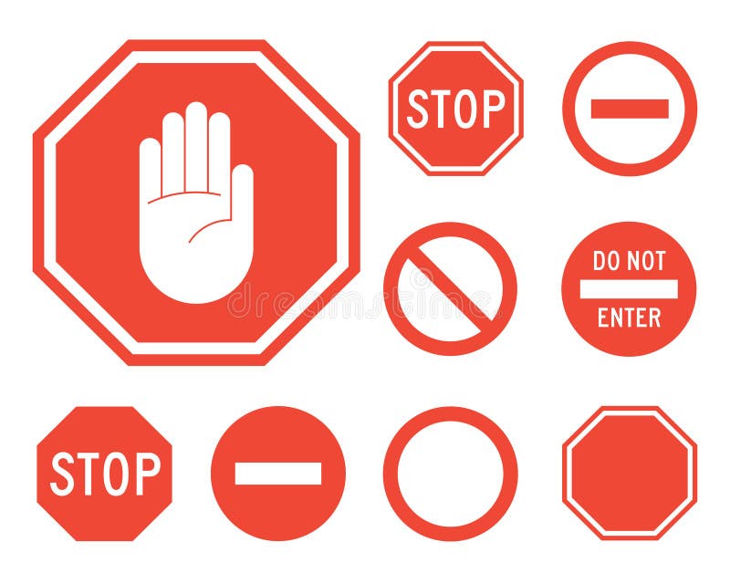 Stop signs collection in red and white, traffic sign to notify drivers and provide safe and orderly street operation. Vector flat style illustration isolated on white background. Stop signs collection in red and white, traffic sign to notify drivers and provide safe and orderly street operation. Vector flat style illustration isolated on white background