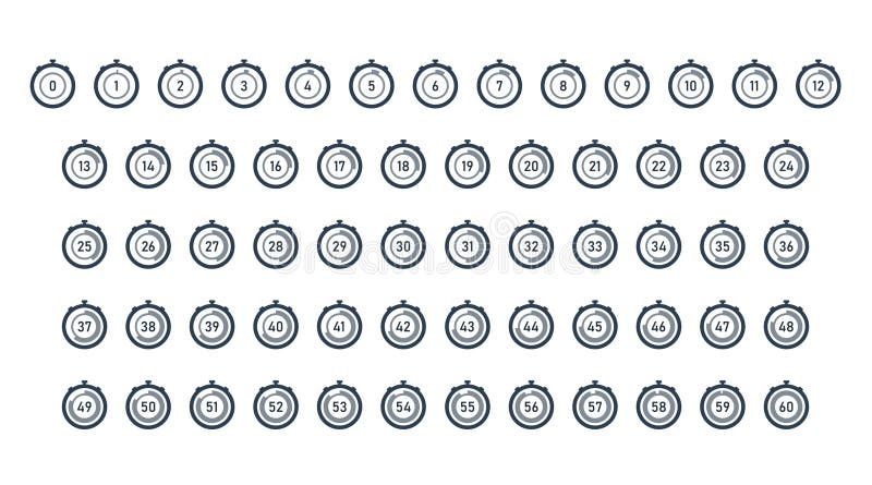 Stopwatch, Timer Countdown With Numbers From 0 to 60. Icon Set stock illustration