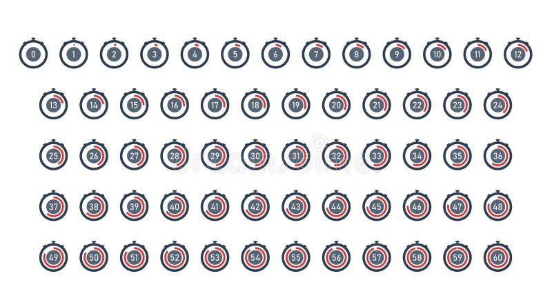Stopwatch, Timer Countdown With Numbers From 0 to 60. Icon Set royalty free illustration