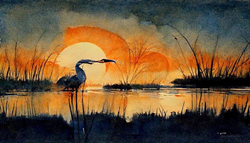 Stor blå heron som står i vatten. generativ ai stock illustrationer