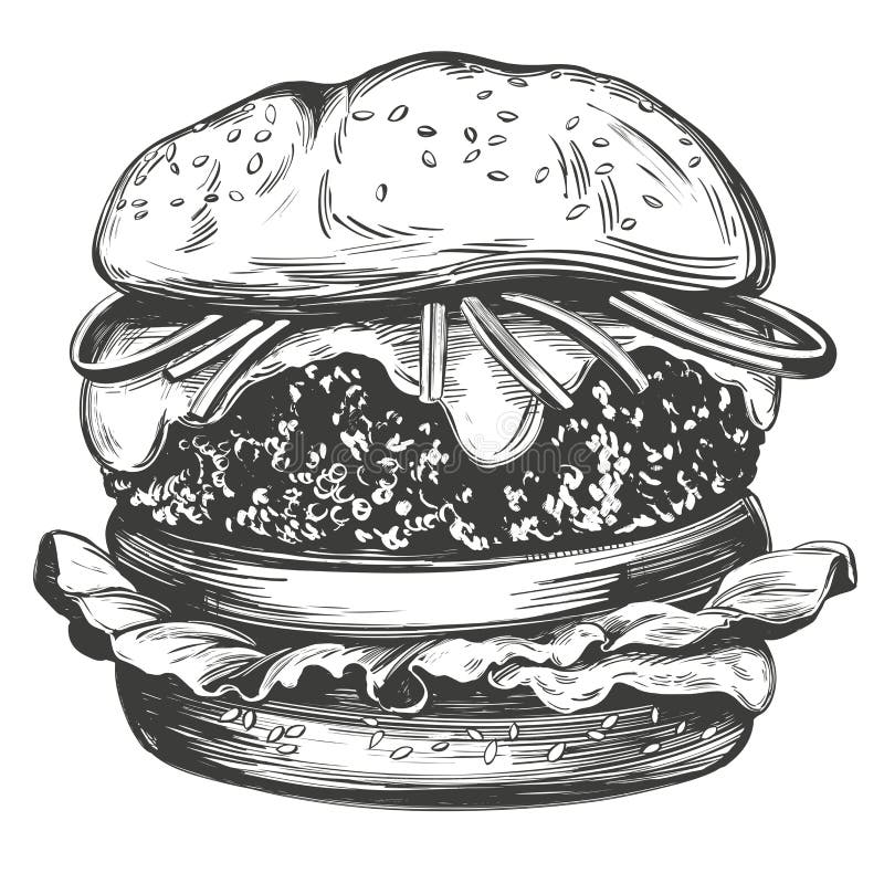 Stor burgare, hamburgerdragerad vektorbild för hamburgare, realistisk skiss