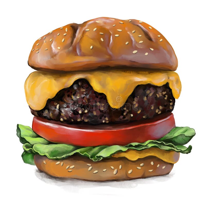 Stor burgare, hamburgerhandritad illustration av realistisk skiss av färg, bild som målats med vattenfärger isolerade