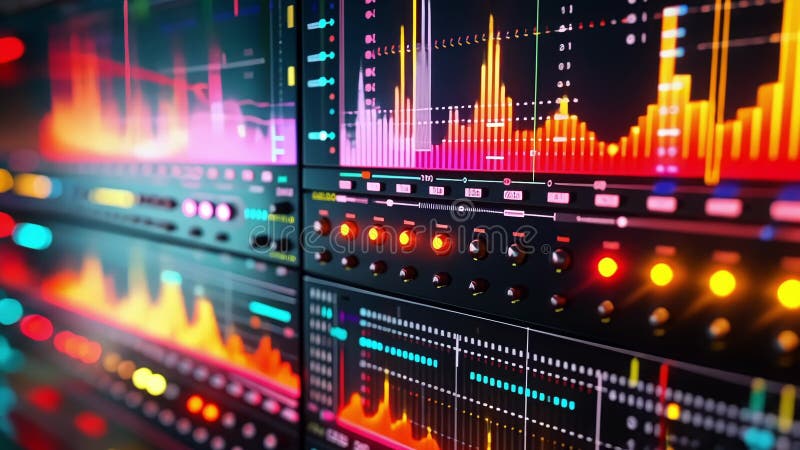 Stor dataanalys som visar färggrafer och statistik på en futuristisk skärm royaltyfri illustrationer