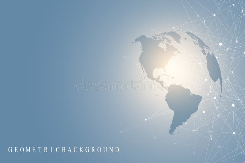 Stor datavisualization med ett världsjordklot Abstrakt vektorbakgrund med dynamiska vågor Anslutning för globalt nätverk stock illustrationer