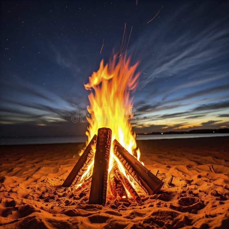Stor eldbrinnande på sandstranden vid solnedgången under stjärnhimlen stock illustrationer