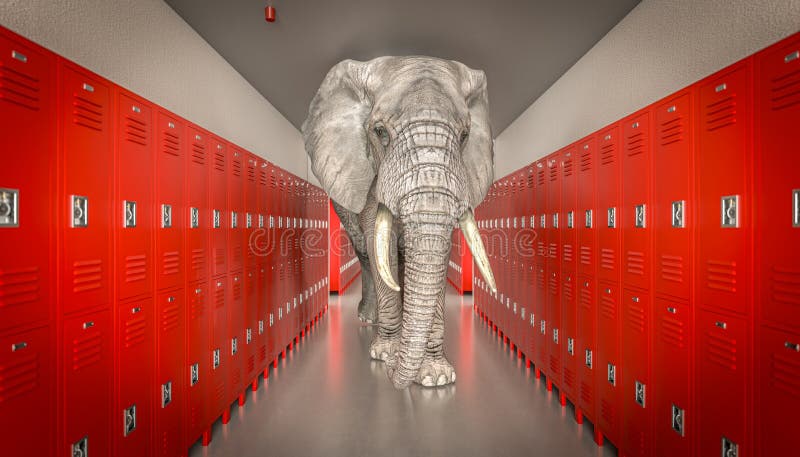 Stor elefant som går i skolkorridoren med röda skåp royaltyfri illustrationer
