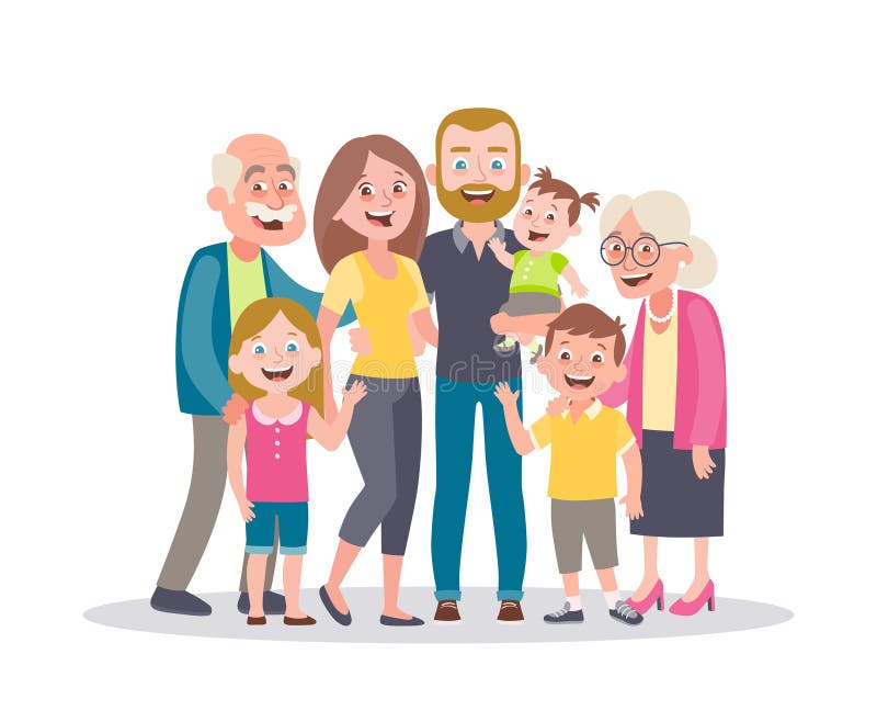 stor familjst?ende F?r?ldrar, barn och morf?r?ldrar vektor illustrationer stor familjst?ende F?r?ldrar, barn och morf?r?ldrar vektor illustrationer