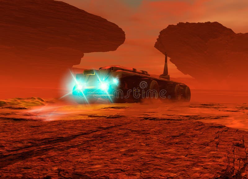 A large futuristic is seen from a low viewpoint driving over the surface of Mars. Its lighst are on as dust in kicked up on the surface. A large futuristic is seen from a low viewpoint driving over the surface of Mars. Its lighst are on as dust in kicked up on the surface.