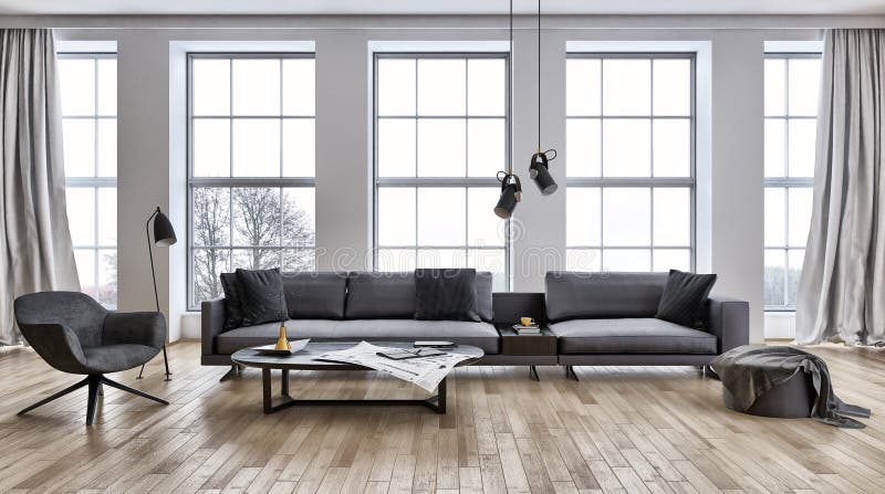 Stor lyxig modern ljus inrevardagsrumillustration 3D stock illustrationer