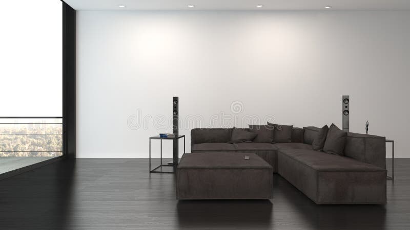 Stor mörkbrun sofa i ett rymligt vardagsrum stock illustrationer