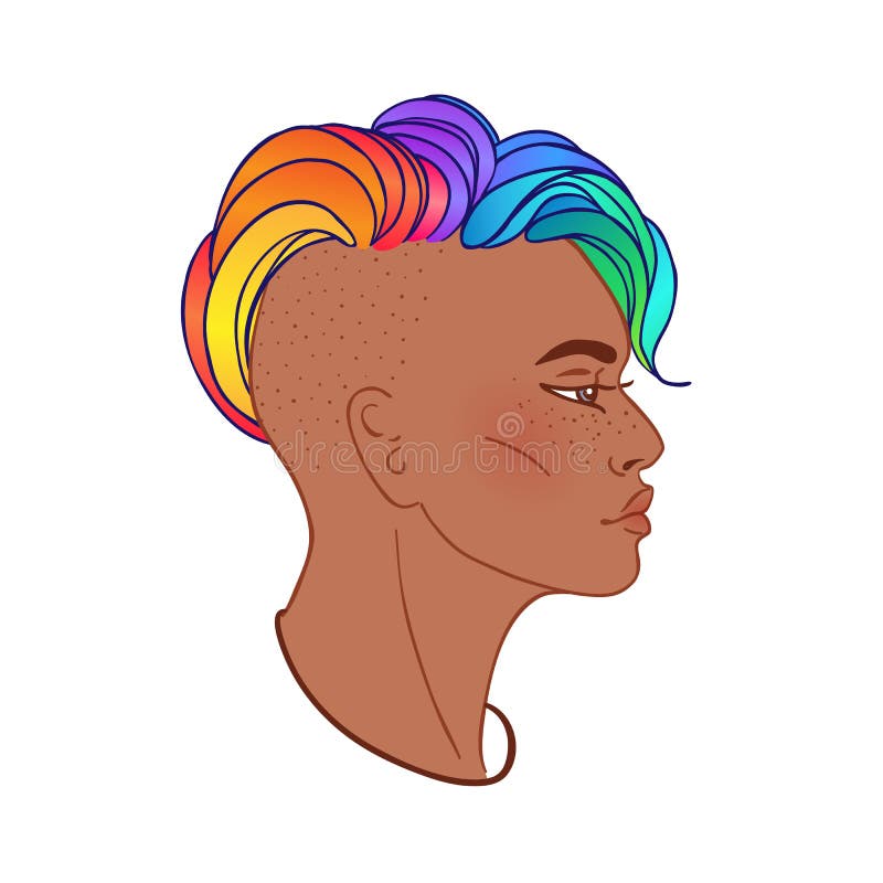 LGBT person with rainbow hair. Non binary african american person. Gay Pride. LGBTQ concept. Isolated vector on white colorful illustration. Sticker, patch, t-shirt print, logo design. LGBT person with rainbow hair. Non binary african american person. Gay Pride. LGBTQ concept. Isolated vector on white colorful illustration. Sticker, patch, t-shirt print, logo design.